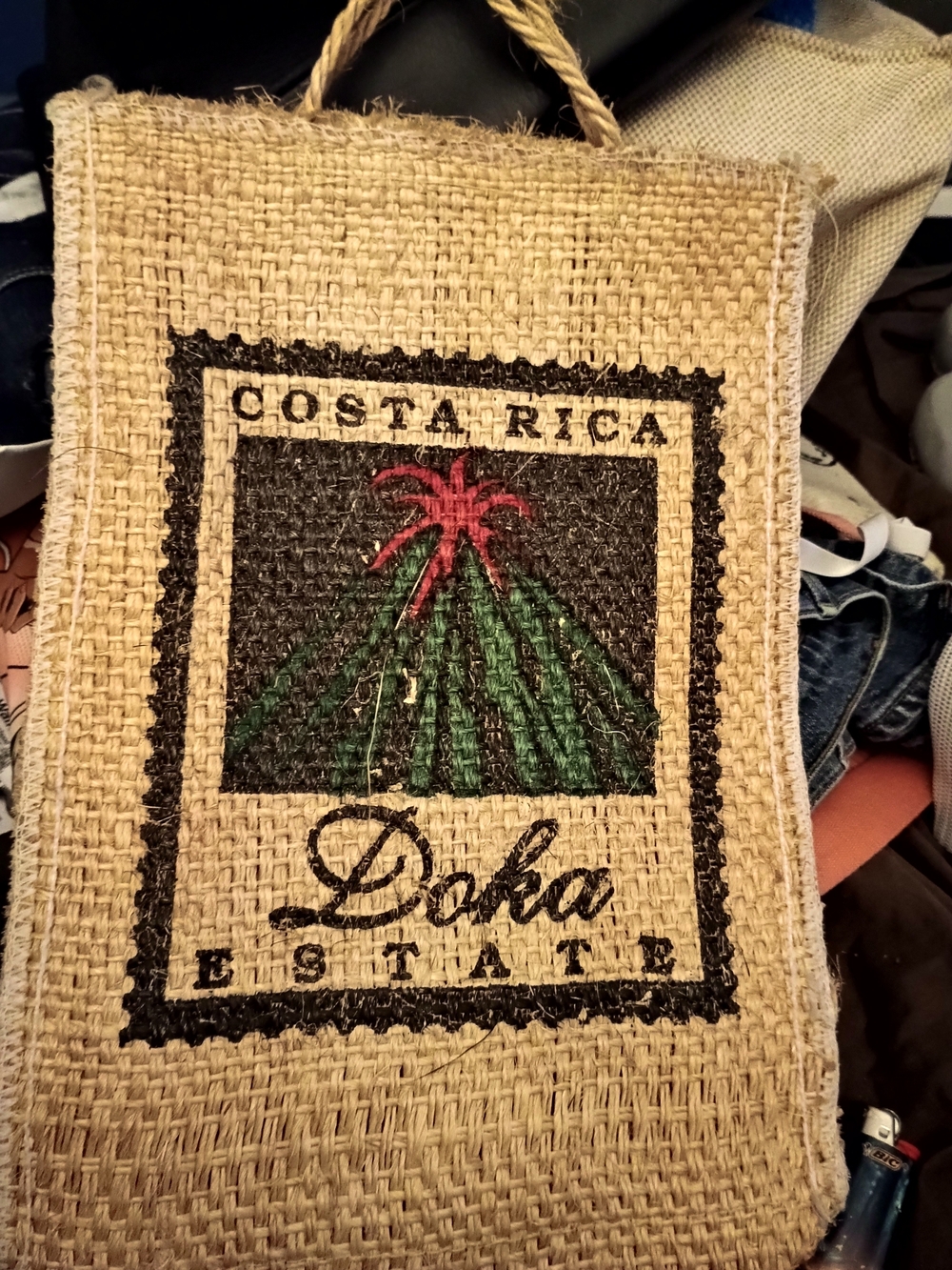 Estate Costa Rica Jute Tote Bag - Natural with Green & Red Print